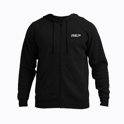 The REP Fitness Unisex Zip Hoodie in Black/White front