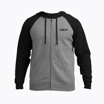 The REP Fitness Unisex Zip Hoodie in Heather Gunmetal/Black front