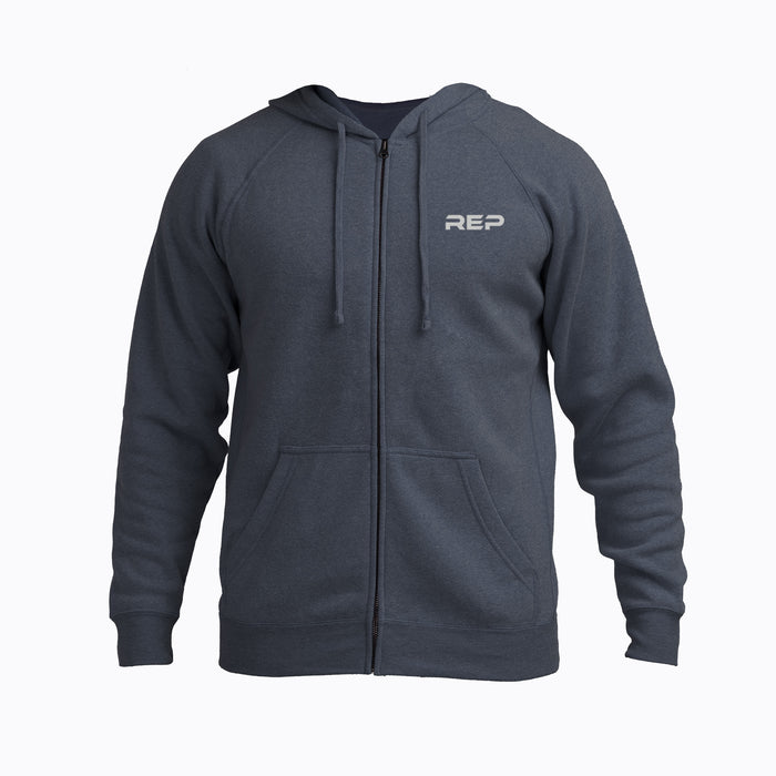 The REP Fitness Unisex Zip Hoodie in Heather Navy/Silver front