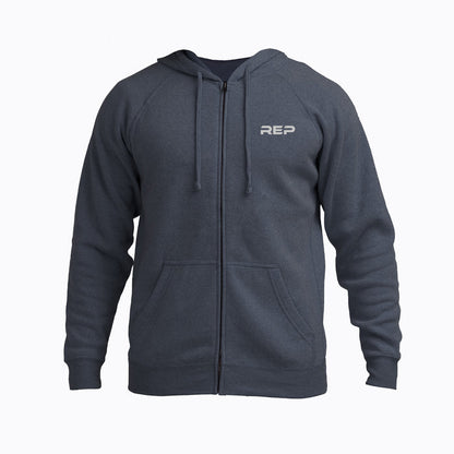 The REP Fitness Unisex Zip Hoodie in Heather Navy/Silver front