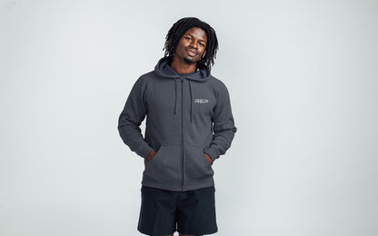 The REP Fitness Unisex Zip Hoodie in Heather Navy/Silver on body