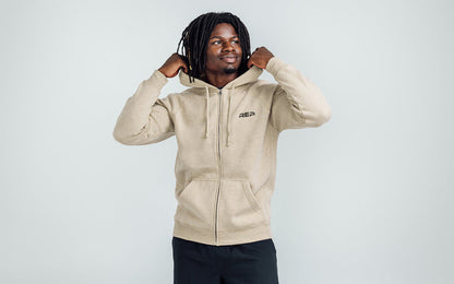 The REP Fitness Unisex Zip Hoodie in Heather Stone/Black on body