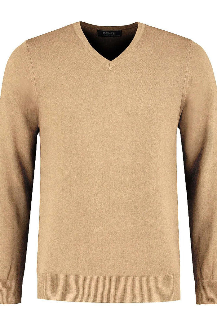 V-neck melange zand ademende katoenen V-hals trui in zand melange, veelzijdig en stijlvol.