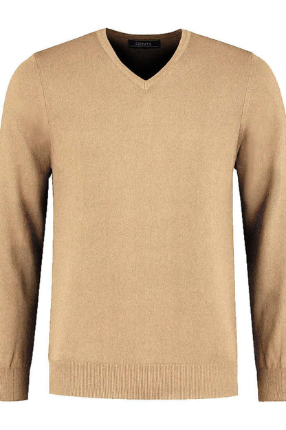 V-neck melange zand ademende katoenen V-hals trui in zand melange, veelzijdig en stijlvol.