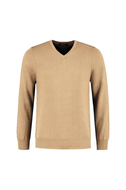 V-neck melange zand v-hals trui in een ademende zand melange kleur, perfect voor veelzijdige outfits.