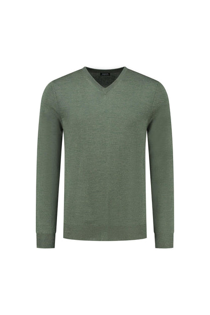 V-neck merinoblend groen, zachte groene trui met lange mouwen en ribboorden.
