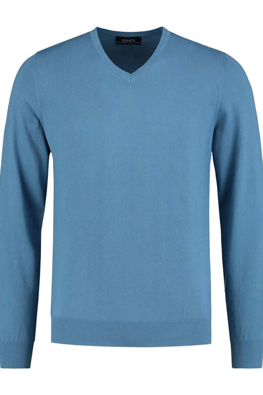 Ademend katoenen V-hals trui in staalblauw, perfect voor elke gelegenheid. V-neck staalblauw.