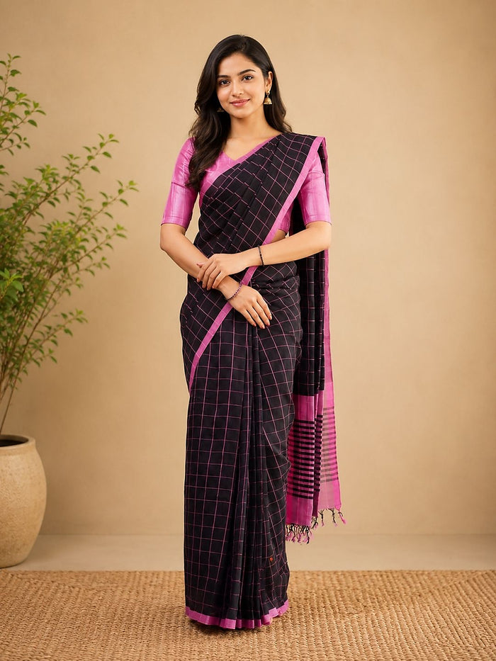 Indiehaat | Black Khadi Cotton Handloom Saree