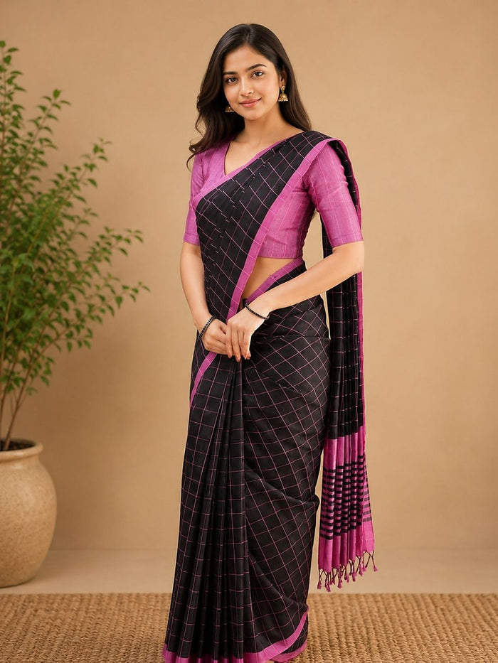 Indiehaat | Black Khadi Cotton Handloom Saree