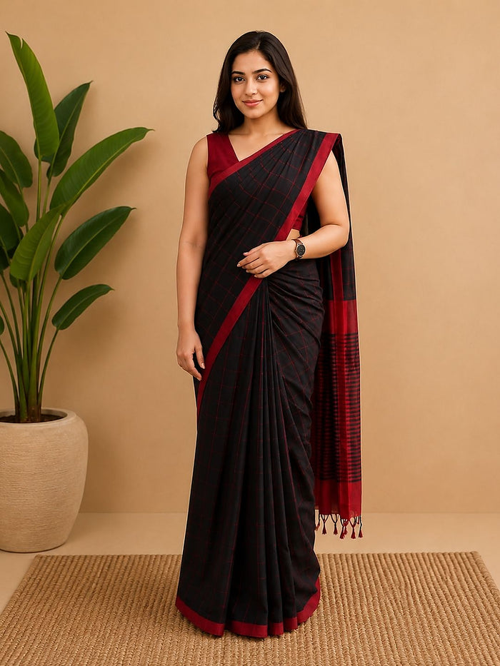 Indiehaat | Black Khadi Cotton Handloom Saree