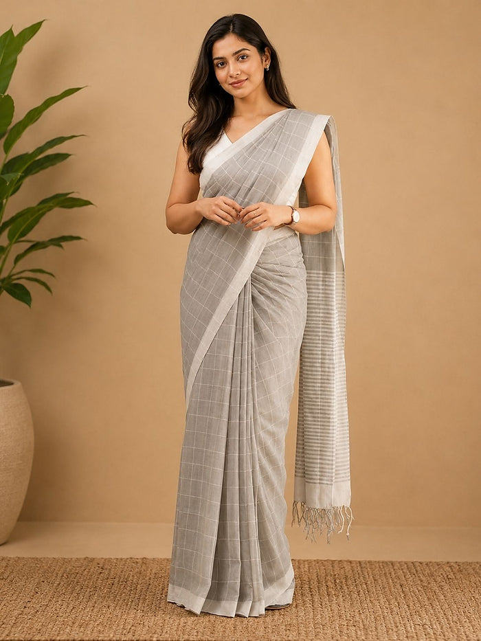 Indiehaat | Gray Khadi Cotton Handloom Saree
