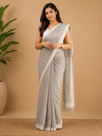 Indiehaat | Gray Khadi Cotton Handloom Saree