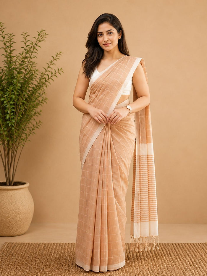 Indiehaat | Peach Khadi Cotton Handloom Saree