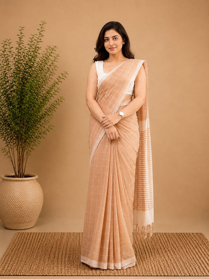 Indiehaat | Peach Khadi Cotton Handloom Saree