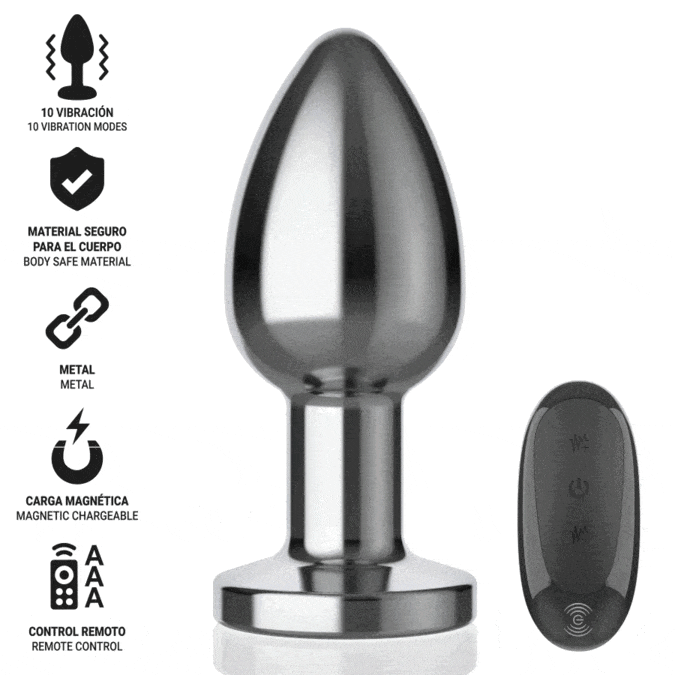 Vibrator anal INTENSE Vibrating Anal Plug L, control prin telecomandă, 10 funcții de vibrație, lungime 10.1 cm, argintiu