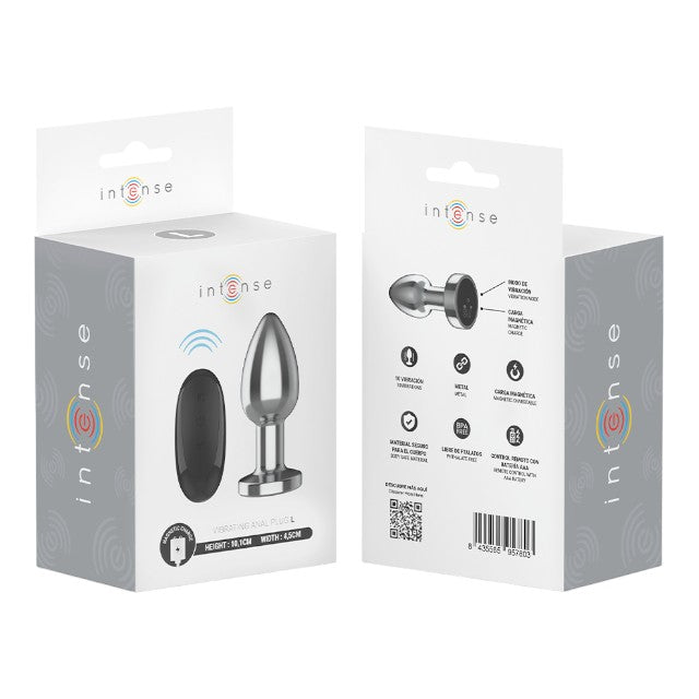 Vibrator anal INTENSE Vibrating Anal Plug L, control prin telecomandă, 10 funcții de vibrație, lungime 10.1 cm, argintiu