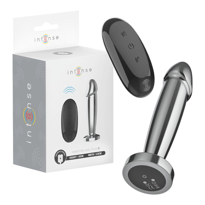 Vibrator anal INTENSE Vibrating Anal Plug S, control prin telecomandă, 10 funcții de vibrație, lungime 10 cm, argintiu