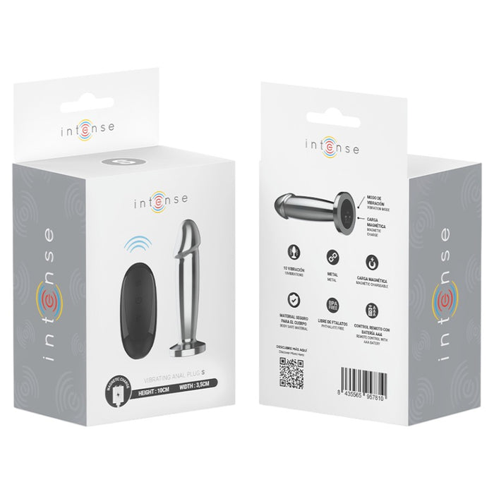 Vibrator anal INTENSE Vibrating Anal Plug S, control prin telecomandă, 10 funcții de vibrație, lungime 10 cm, argintiu