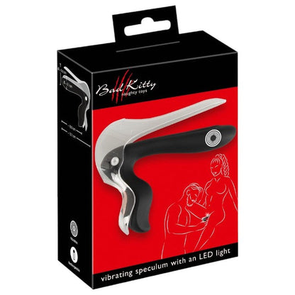 Vibrator BAD KITTY Vibrating Speculum, în formă de specul cu lumină LED, 10 funcții de vibrație, lungime 13.7 cm, negru