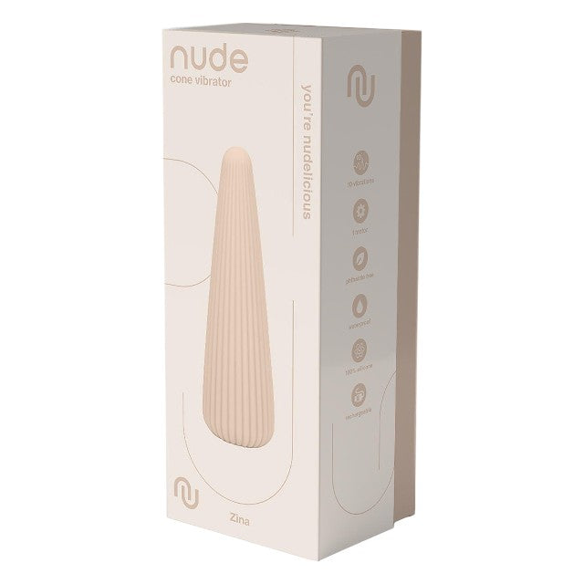 Vibrator DREAMTOYS Nude Zina, în formă de con, cu striații verticale, 10 funcții de vibrație, lungime 12.5 cm, crem