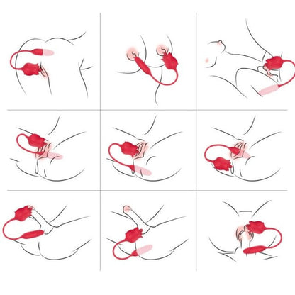 Vibrator dublu ARMONY Rose 3 in 1, în formă de trandafir, 10 funcții de aspirație, 10 funcții de vibrație, roșu