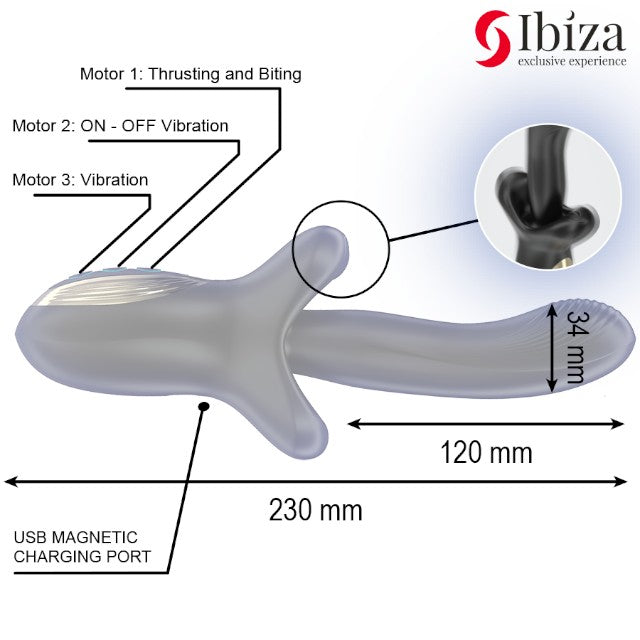 Vibrator dublu IBIZA Biting and Thrusting Vibrator, 10 funcții de mușcături, 10 funcții de penetrare automată, negru