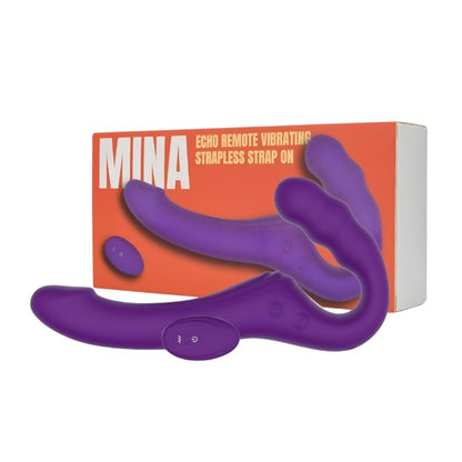 Vibrator dublu MINA Echo Remote, strap-on fără ham, control prin telecomandă, 10 funcții de vibrație, 24 cm, mov