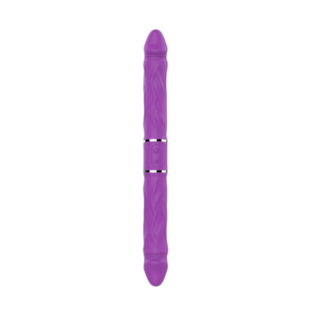 Vibrator dublu TOYZ4LOVERS Elys Cupid Arrow, cu 2 capete pentru jocuri în cuplu, cu telecomandă, 35 cm, mov