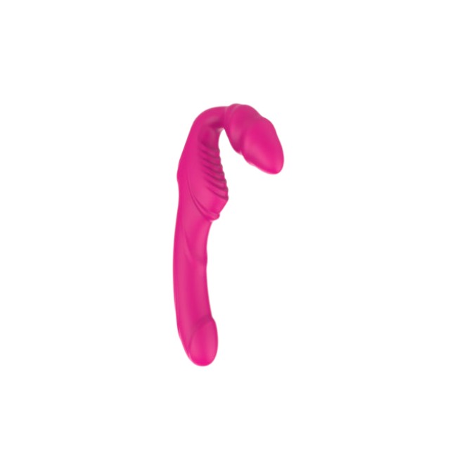 Vibrator dublu TOYZ4LOVERS Elys Love Gun, strap-on fără ham, control prin telecomandă, cu vibrații multiple, 21.8 cm, roz