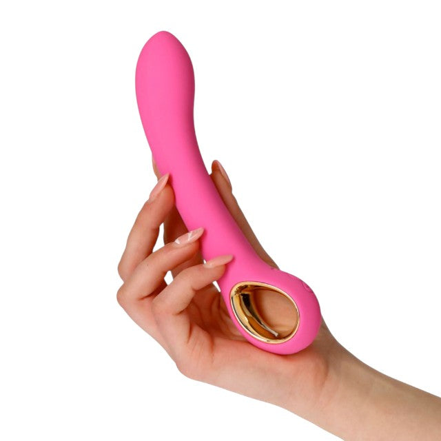 Vibrator TOYZ4LOVERS Handy Line Grip, pentru stimularea punctului G, 10 funcții de vibrație, 18.8 cm, roz cu auriu