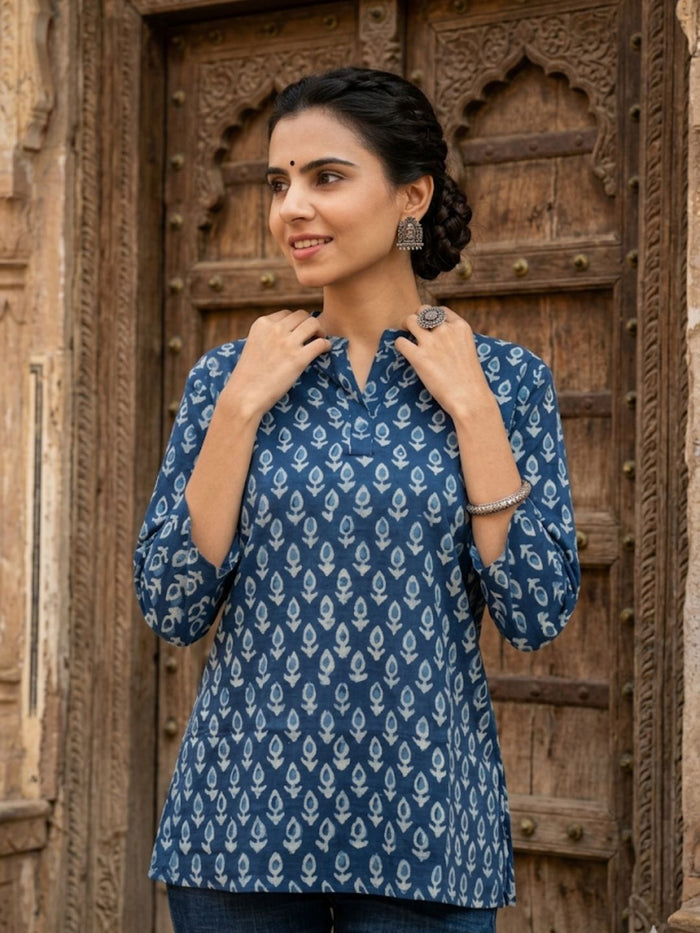 Indiehaat | Handprinted Pure Cotton Top Blue