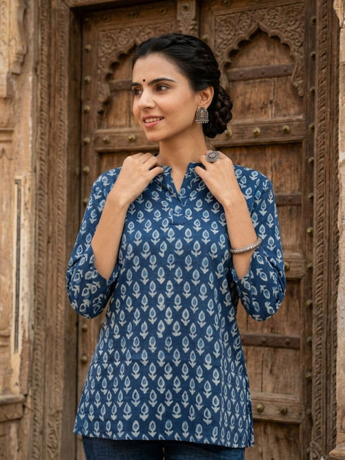 Indiehaat | Handprinted Pure Cotton Top Blue