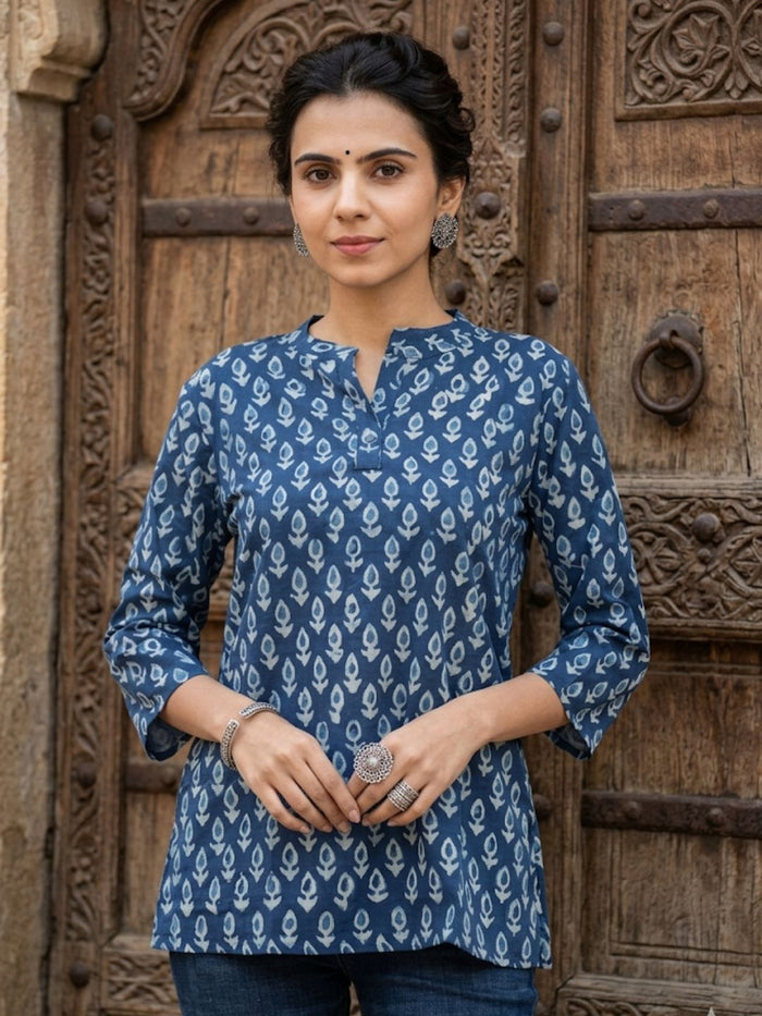 Indiehaat | Handprinted Pure Cotton Top Blue