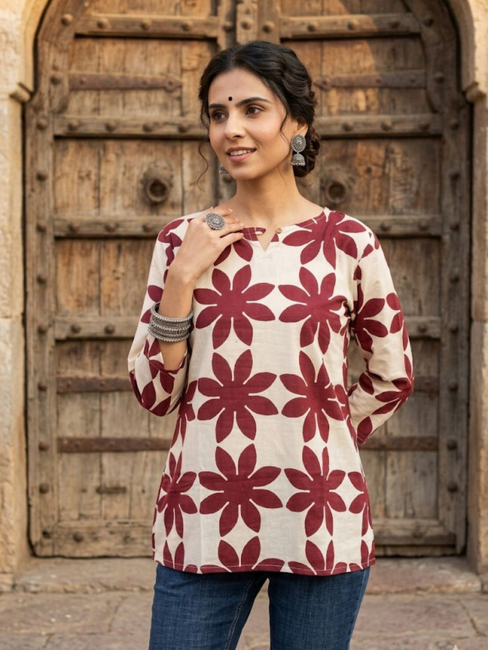 Indiehaat | Handprinted Pure Cotton Top Cream