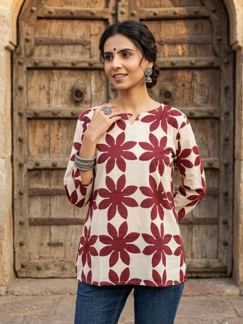 Indiehaat | Handprinted Pure Cotton Top Cream