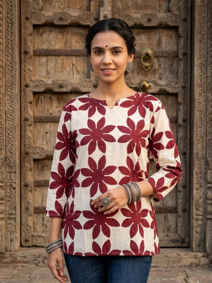 Indiehaat | Handprinted Pure Cotton Top Cream