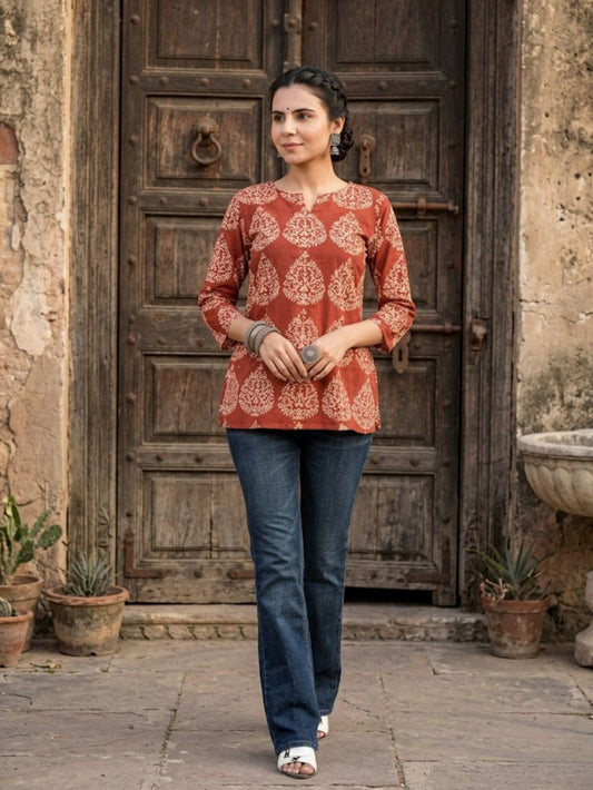 Indiehaat | Handprinted Pure Cotton Top Red