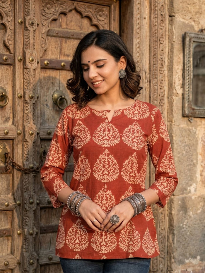 Indiehaat | Handprinted Pure Cotton Top Red