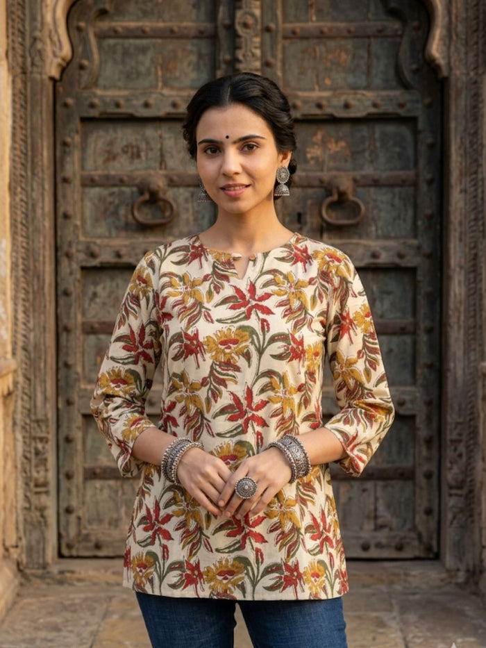 Indiehaat | Handprinted Pure Cotton Top Beige