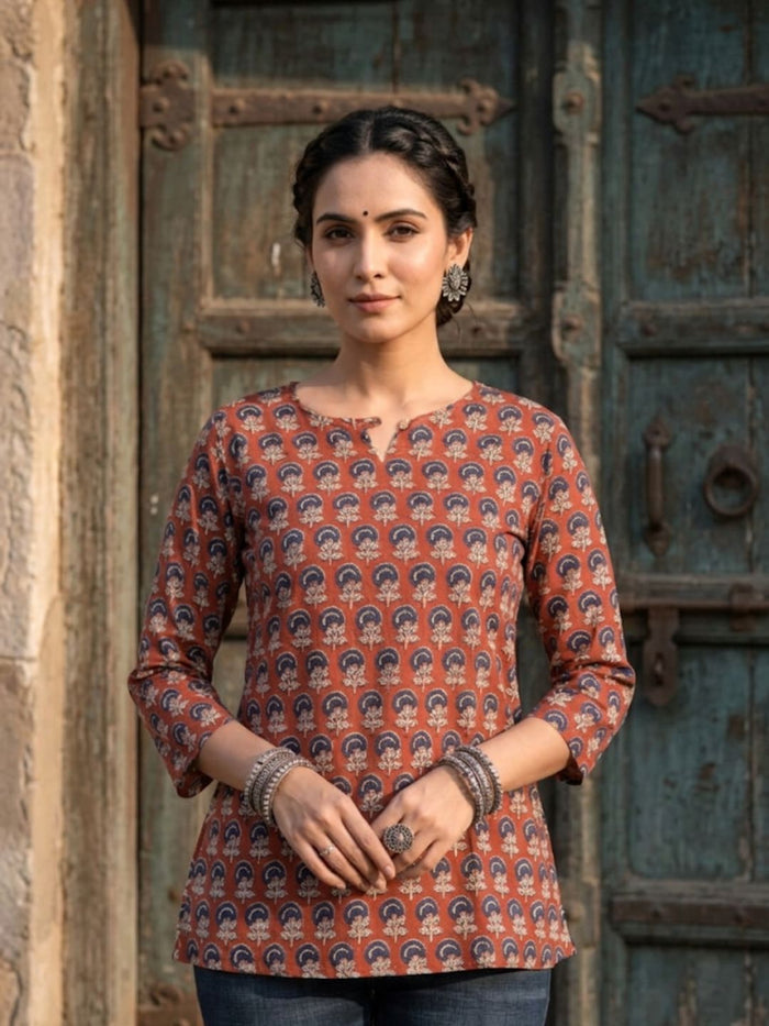 Indiehaat | Handprinted Pure Cotton Top Brown