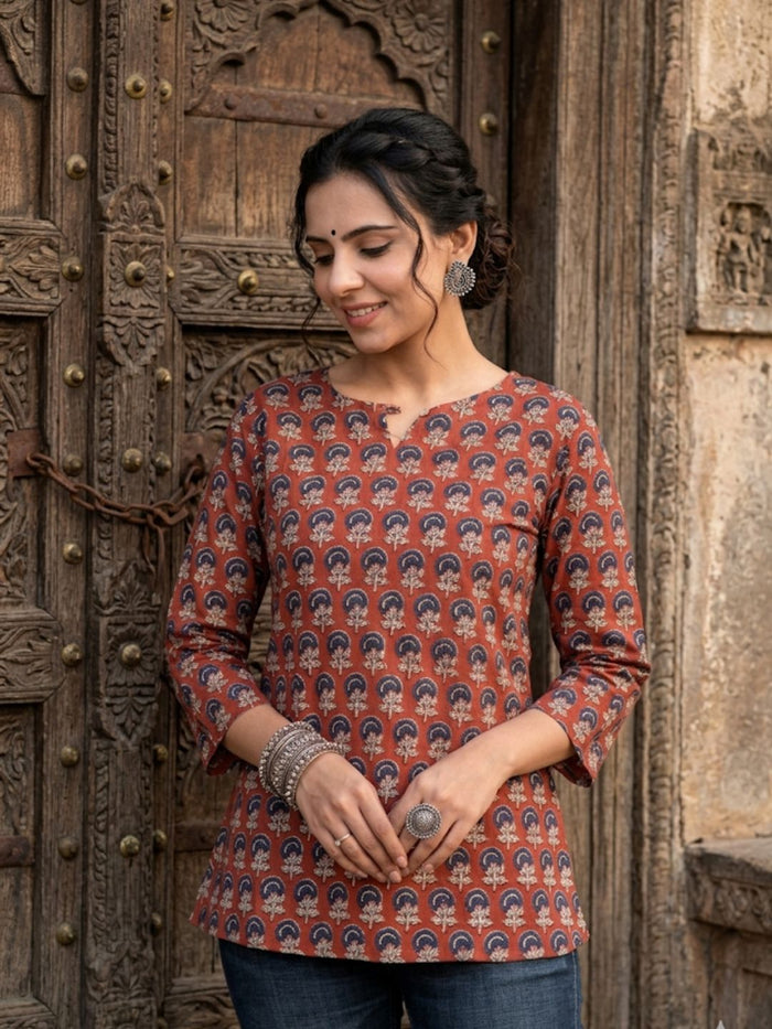 Indiehaat | Handprinted Pure Cotton Top Brown