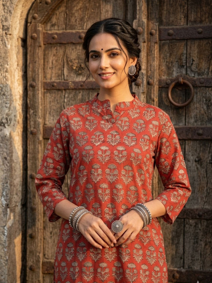 Indiehaat | Handprinted Pure Cotton Top Red