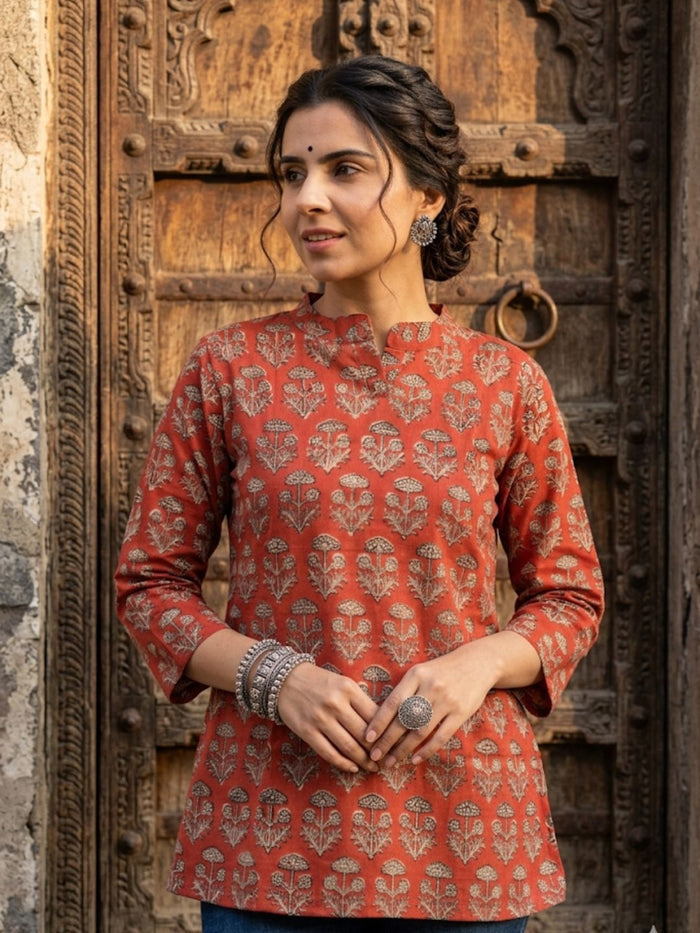 Indiehaat | Handprinted Pure Cotton Top Red