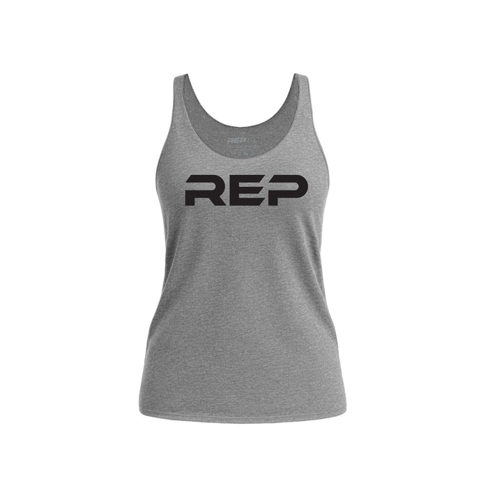 The REP Fitness Women's Daily Driver Tri-Blend Tank in Heather Gray/Black front