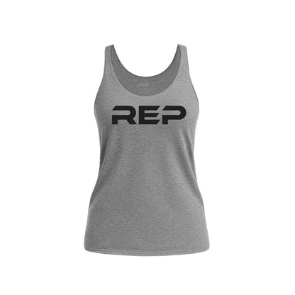 The REP Fitness Women's Daily Driver Tri-Blend Tank in Heather Gray/Black front