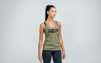 The REP Fitness Women's Daily Driver Tri-Blend Tank in Heather Olive/Black on body