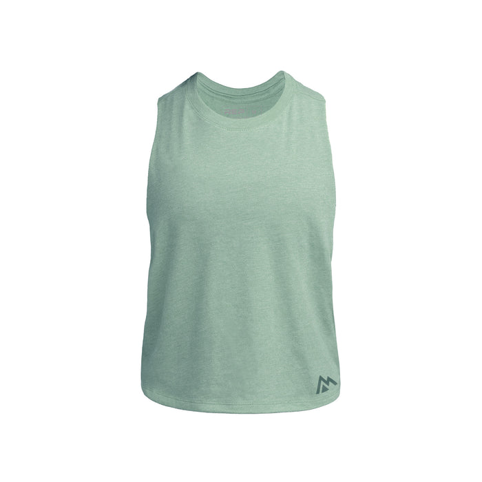 The REP Fitness Women's Peak Cropped Dual-Blend Tank in Heather Sage/Sage front