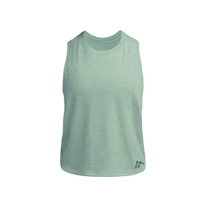 The REP Fitness Women's Peak Cropped Dual-Blend Tank in Heather Sage/Sage front