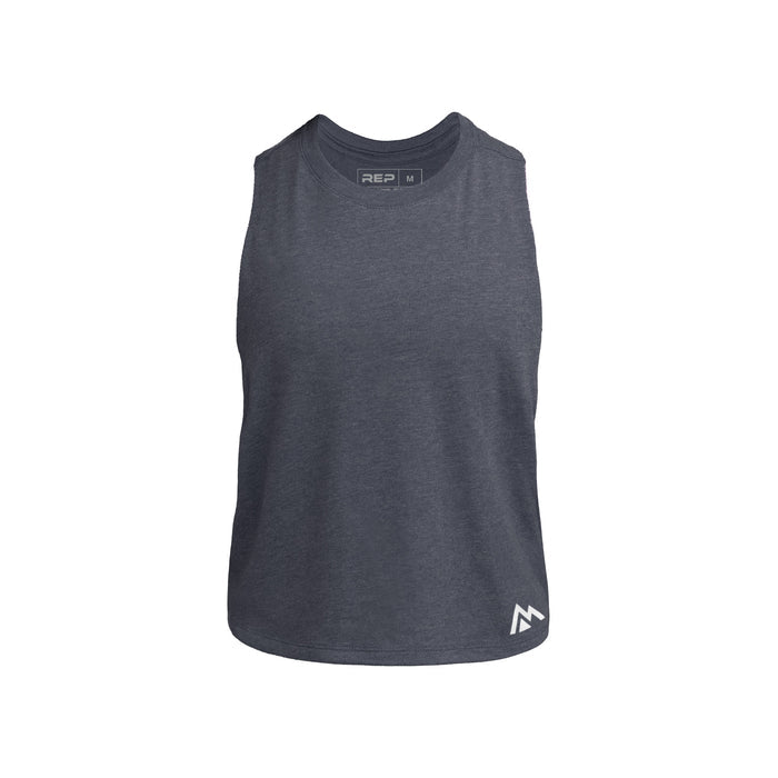 The REP Fitness Women's Peak Cropped Dual-Blend Tank in Heather Navy/White front