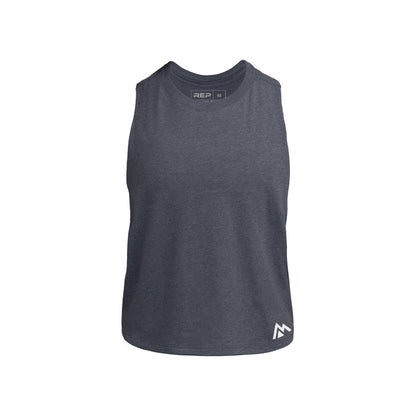 The REP Fitness Women's Peak Cropped Dual-Blend Tank in Heather Navy/White front